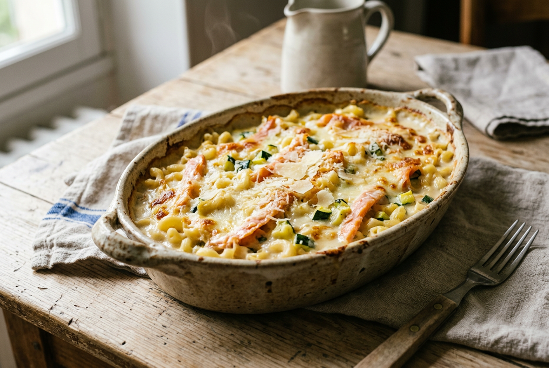 Gratin de coquillettes à la courgette et à la truite fumée